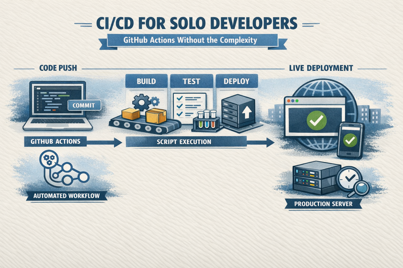 CI/CD workflow for solo developers: code push triggers GitHub Actions to build, test, deploy, and update a live production server.